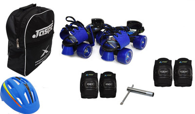 Jaspo Tenacity Blue Intact Adjustable Senior Roller Skates Combo Suitable for Age Group 6 to 14 Years (Skates+ Helmet + Knee Guard+ Elbow Guard + Bag+Key) Skating Kit Flipkart