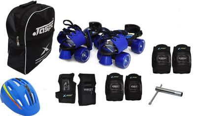 Jaspo Tenacity Blue Pro Adjustable Senior Roller Skates Combo Suitable for Age Group 6 to 14 Years (Skates+ Helmet + Knee Guard+ Elbow Guard +Wrist Guard+ Bag+Key) Skating Kit Flipkart