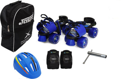 Jaspo Tenacity Blue Eco Adjustable Senior Roller Skates Combo Suitable for Age Group 6 to 14 Years (Skates+ Helmet + Knee Guard+ Bag+Key) Skating Kit Flipkart