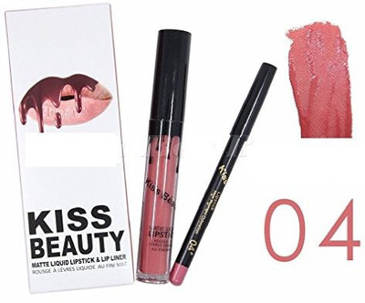 

Kiss Beauty Matte Liquid Lipgloss Lipstick And Lip Liner (Shade 4)(Pink)