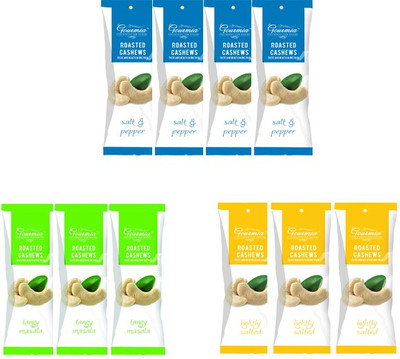 

Gourmia Roasted Lightly Salted Cashews + Roasted Salt& Pepper Cashews+ Roasted Tangy Masala Cashews (Pack of 10) Cashews(400 g, Pouch)