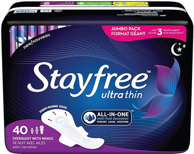

Stayfree Ultra Thin Overnight Pads with Wings, For Women, Reliable Protection and Absorbency of Feminine Moisture, Leaks and Periods, 40 count - Pack of 3 Sanitary Pad(Pack of 40)