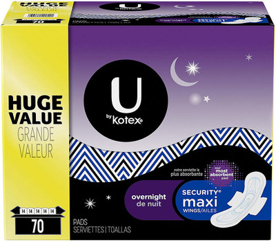

Kotex Security Maxi Overnight Pads with Wings, Regular, 70 Count Sanitary Pad(Pack of 70)