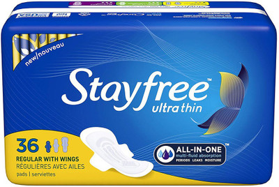 

Stayfree Ultra Thin Regular Pads with Wings For Women, Reliable Protection and Absorbency of Feminine Moisture, Leaks and Periods, 36 count - Pack of 4 Sanitary Pad(Pack of 36)