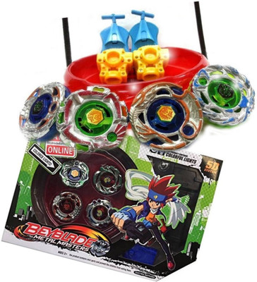 

skyler 4 Metal Bey blades With Led Lights (4 Launchers & 1 Big Beyblade Stadium with 2 Spring Action Launcher(Multicolor)