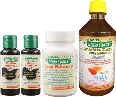 

M SONS Herbal daily Hair Care Pack Hair Fall & Dandruff Body Balance Veg. capsules+ACV+2 Onion oil(0.6 kg)