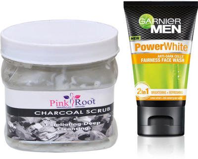 

Pink Root CHARCOAL SCRUB 500G WITH GARNIER POWER WHITE FACEWASH(Set of 2)