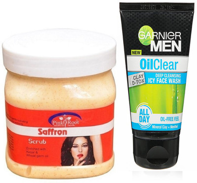 

Pink Root SAFFRON SCRUB 500G WITH GARNIER OIL CLEAR FACEWASH(Set of 2)