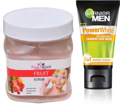 

Pink Root FRUIT SCRUB 500G WITH GARNIER POWER WHITE FACEWASH(Set of 2)