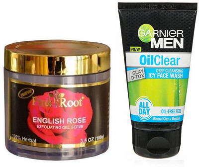 

Pink Root ENGLISH ROSE SCRUB 100G WITH GARNIER OIL CLEAR FACEWASH(Set of 2)