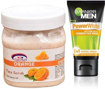 

Pink Root ORANGE SCRUB 500G WITH GARNIER POWER WHITE FACEWASH(Set of 2)