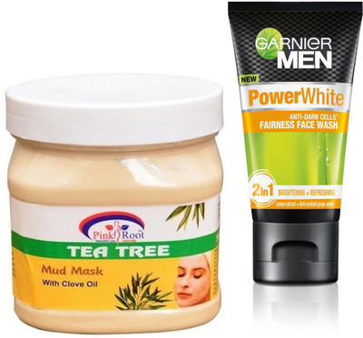 

Pink Root TEA TREE MUD MASK 500G WITH GARNIER POWER WHITE FACEWASH(Set of 2)
