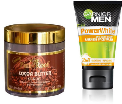 

Pink Root COCOA BUTTER SCRUB 100G WITH GARNIER POWER WHITE FACEWASH(Set of 2)