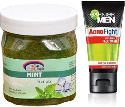 

Pink Root MINT GEL SCRUB 500G WITH GARNIER ACNO FIGHT FACEWASH(Set of 2)