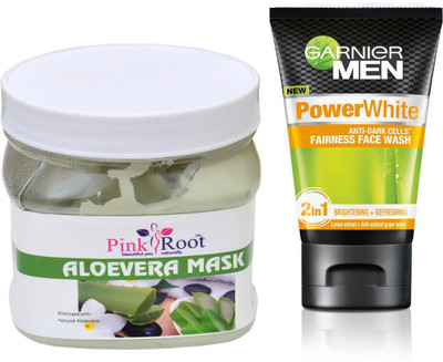 

Pink Root ALOEVERA MASK 500G WITH GARNIER POWER WHITE FACEWASH(Set of 2)