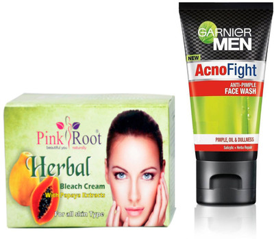 

Pink Root HERBAL BLEACH CREAM 250G WITH GARNIER ACNO FIGHT FACEWASH(Set of 2)