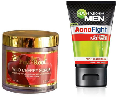 

Pink Root WILDCHERRY SCRUB 100G WITH GARNIER ACNO FIGHT FACEWASH(Set of 2)