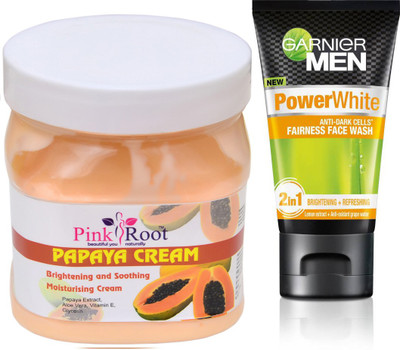 

Pink Root PAPAYA CREAM 500G WITH GARNIER POWER WHITE FACEWASH(Set of 2)