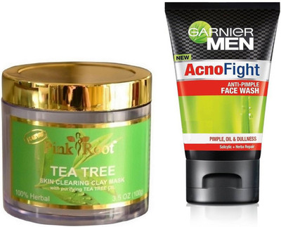 

Pink Root TEA TREE MUD MASK 100G WITH GARNIER ACNO FIGHT FACEWASH(Set of 2)