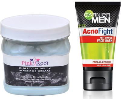 Pink Root CHARCOAL CREAM 500G WITH GARNIER ACNO FIGHT FACEWASH(Set of 2)