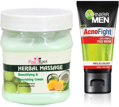 

Pink Root HERBAL MASSAGE CREAM 500G WITH GARNIER ACNO FIGHT FACEWASH(Set of 2)