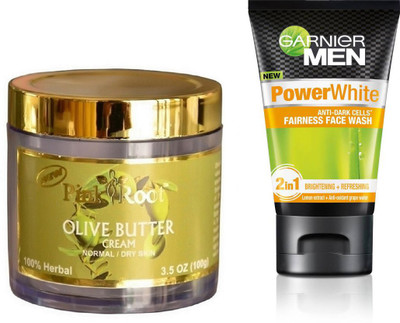 

Pink Root OLIVE BUTTER CREAM 100G WITH GARNIER POWER WHITE FACEWASH(Set of 2)