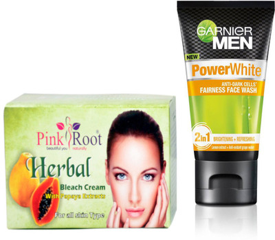 

Pink Root HERBAL BLEACH CREAM 250G WITH GARNIER POWER WHITE FACEWASH(Set of 2)