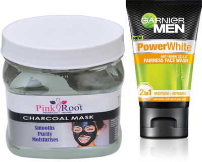 

Pink Root CHARCOAL MASK 500G WITH GARNIER POWER WHITE FACEWASH(Set of 2)