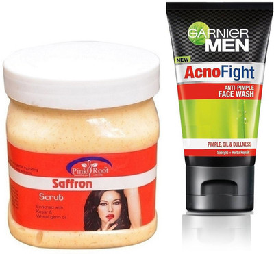 

Pink Root SAFFRON SCRUB 500G WITH GARNIER ACNO FIGHT FACEWASH(Set of 2)