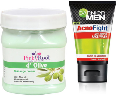 

Pink Root D OLIVE MASSAGE CREAM 500G WITH GARNIER ACNO FIGHT FACEWASH(Set of 2)