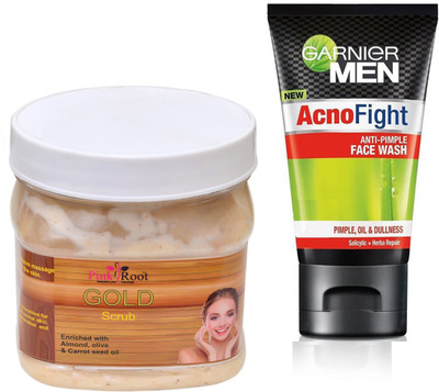 

Pink Root GOLD SCRUB 500G WITH GARNIER ACNO FIGHT FACEWASH(Set of 2)