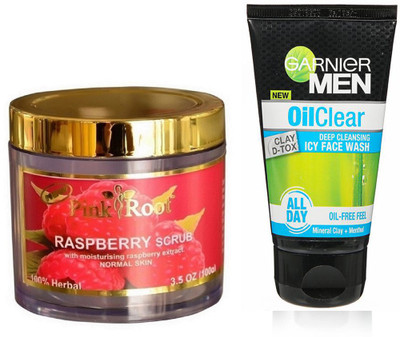 

Pink Root RASPBERRY SCRUB 100G WITH GARNIER OIL CLEAR FACEWASH(Set of 2)