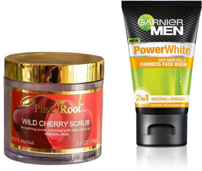 

Pink Root WILDCHERRY SCRUB 100G WITH GARNIER POWER WHITE FACEWASH(Set of 2)