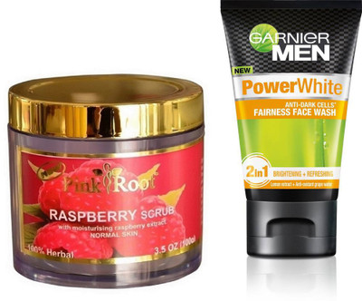 

Pink Root RASPBERRY SCRUB 100G WITH GARNIER POWER WHITE FACEWASH(Set of 2)
