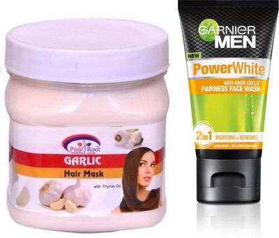 

Pink Root GARLIC HAIR MASK 500G WITH GARNIER POWER WHITE FACEWASH(Set of 2)