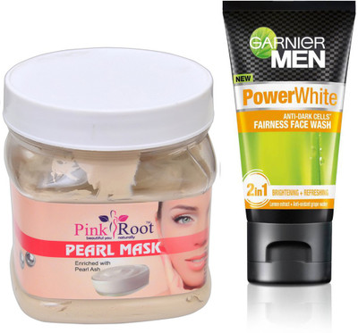

Pink Root PEARL MASK 500G WITH GARNIER POWER WHITE FACEWASH(Set of 2)