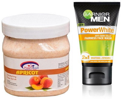

Pink Root APRICOT SCRUB 500G WITH GARNIER POWER WHITE FACEWASH(Set of 2)
