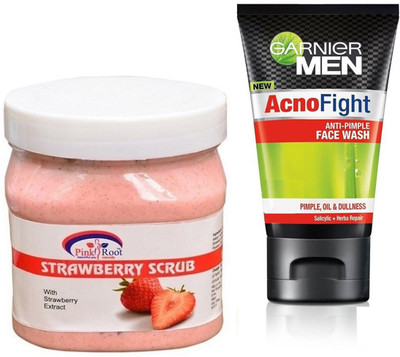 

Pink Root STRAWBERRY SCRUB 500G WITH GARNIER ACNO FIGHT FACEWASH(Set of 2)