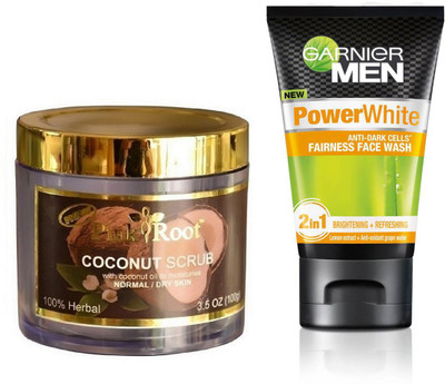 

Pink Root COCONUT SCRUB 100G WITH GARNIER POWER WHITE FACEWASH(Set of 2)
