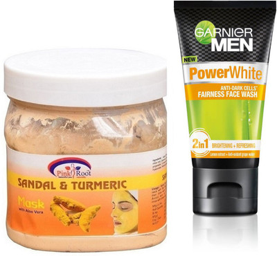 

Pink Root SANDAL TURMERIC MASK 500G WITH GARNIER POWER WHITE FACEWASH(Set of 2)