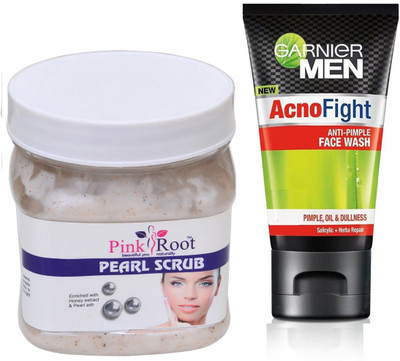 

Pink Root PEARL SCRUB 500G WITH GARNIER ACNO FIGHT FACEWASH(Set of 2)