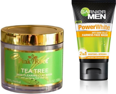 

Pink Root TEA TREE MUD MASK 100G WITH GARNIER POWER WHITE FACEWASH(Set of 2)