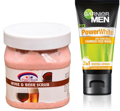 

Pink Root WINE AND BEER SCRUB 500G WITH GARNIER POWER WHITE FACEWASH(Set of 2)