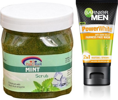 

Pink Root MINT GEL SCRUB 500G WITH GARNIER POWER WHITE FACEWASH(Set of 2)