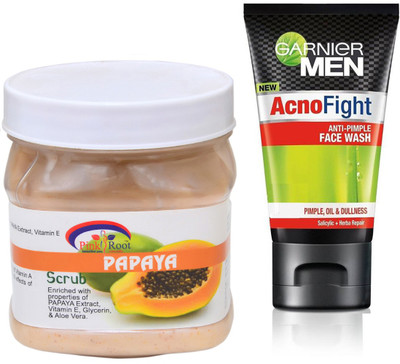 

Pink Root PAPAYA SCRUB 500G WITH GARNIER ACNO FIGHT FACEWASH(Set of 2)