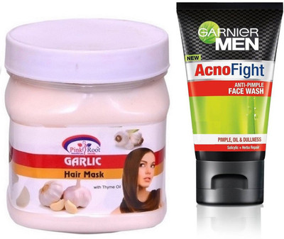 

Pink Root GARLIC HAIR MASK 500G WITH GARNIER ACNO FIGHT FACEWASH(Set of 2)