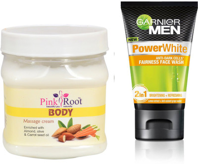 

Pink Root BODY MASSAGE CREAM 500G WITH GARNIER POWER WHITE FACEWASH(Set of 2)