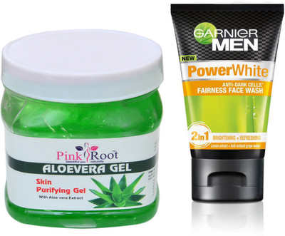 

Pink Root ALOEVERA GEL 500G WITH GARNIER POWER WHITE FACEWASH(Set of 2)