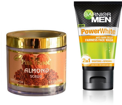 

Pink Root ALMOND SCRUB 100G WITH GARNIER POWER WHITE FACEWASH(Set of 2)