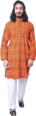 LDHSATI Men Printed Straight Kurta(Orange)